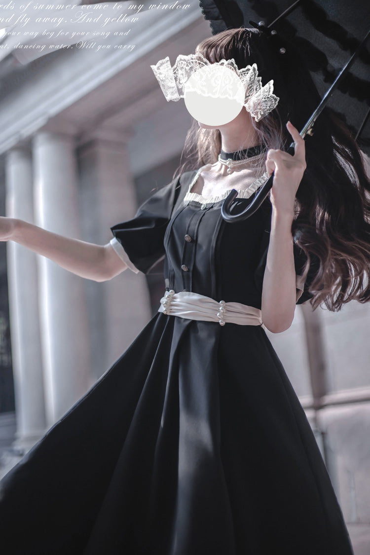Black [Random Thoughts] Square Collar Short Sleeves Ruffle Classic Vintage Elegant Lolita Dress - Product - 2