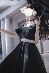 Black [Random Thoughts] Square Collar Short Sleeves Ruffle Classic Vintage Elegant Lolita Dress - Product - 2