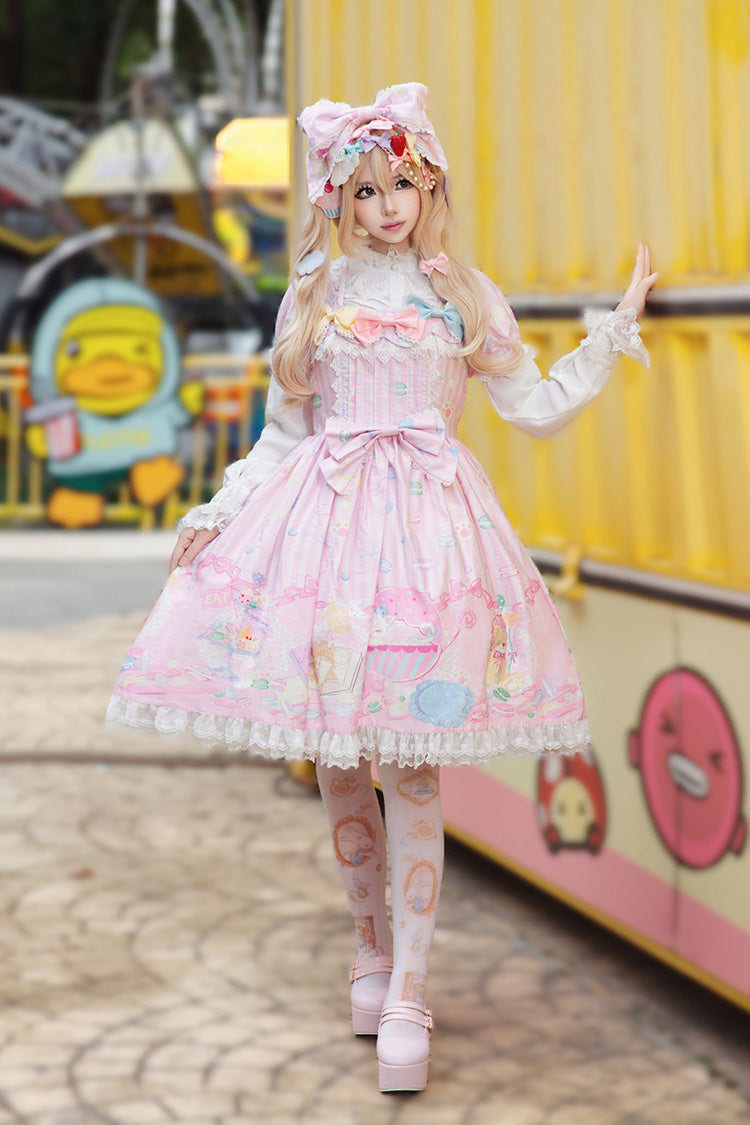 Pink [Macarons Dolly House] Square Collar Short Lantern Sleeves Printed Bow Sweet Lolita Dress - Product - 2