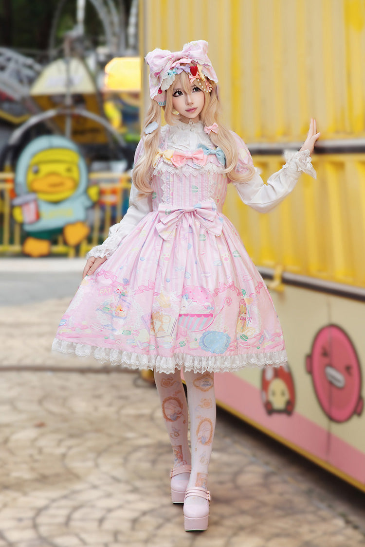 Pink [Macarons Dolly House] Square Collar Short Lantern Sleeves Printed Bow Sweet Lolita Dress - Product - 2