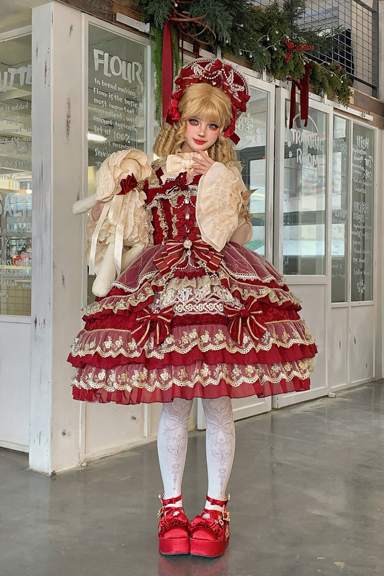 Red [Crown of Gems] Triple-Layered Ruffle Bowknot Lace Sweet Gorgeous Lolita Jsk Dress - Product - 4