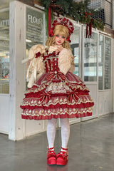 Red [Crown of Gems] Triple-Layered Ruffle Bowknot Lace Sweet Gorgeous Lolita Jsk Dress - Product - 4