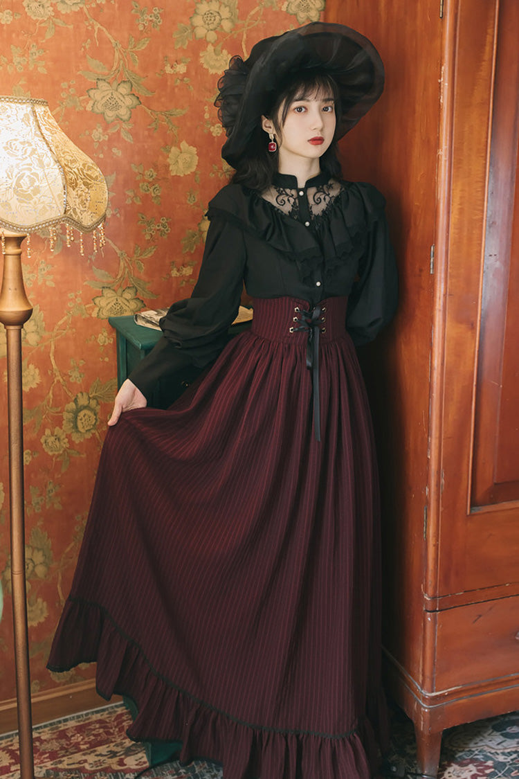 Black/Red Long Sleeves High Waisted Printed Lace Gothic Vintage Lolita Long Skirt Dress Set - Black/Red - 1