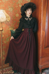 Black/Red Long Sleeves High Waisted Printed Lace Gothic Vintage Lolita Long Skirt Dress Set - Black/Red - 1