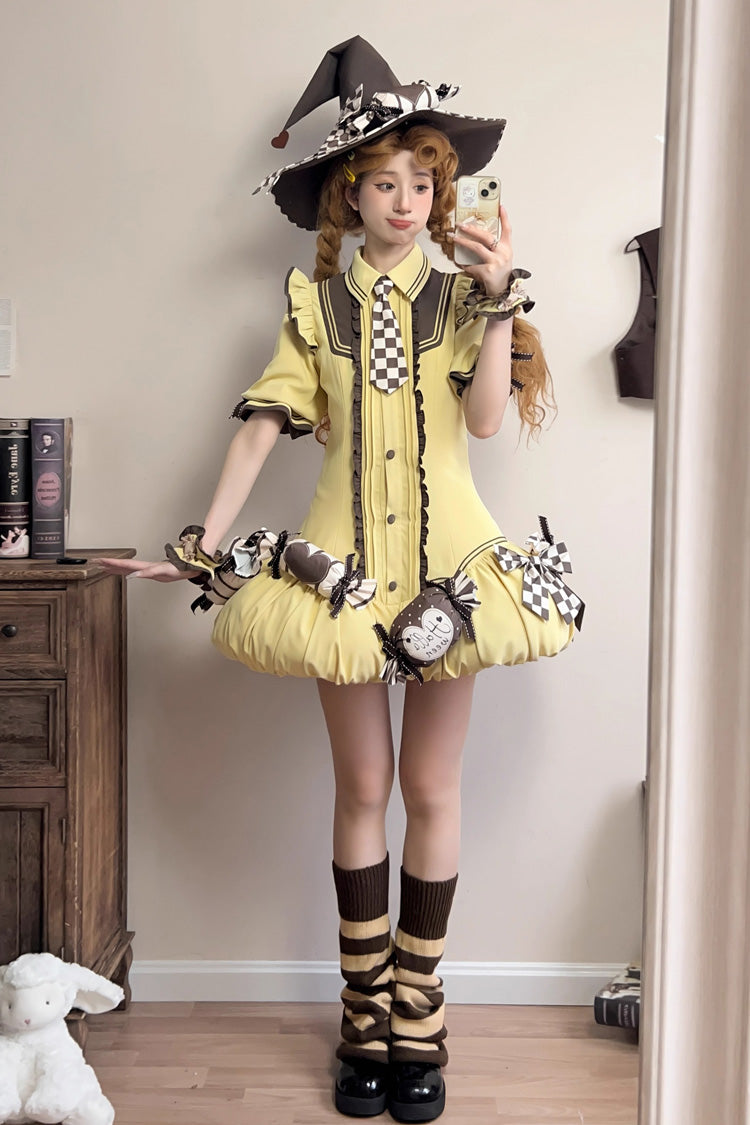 Brown/Yellow [Witch and Paradise] Short Sleeves Ruffle Bowknot Sweet Japanese Halloween Lolita Dress Vest Set - Product - 13