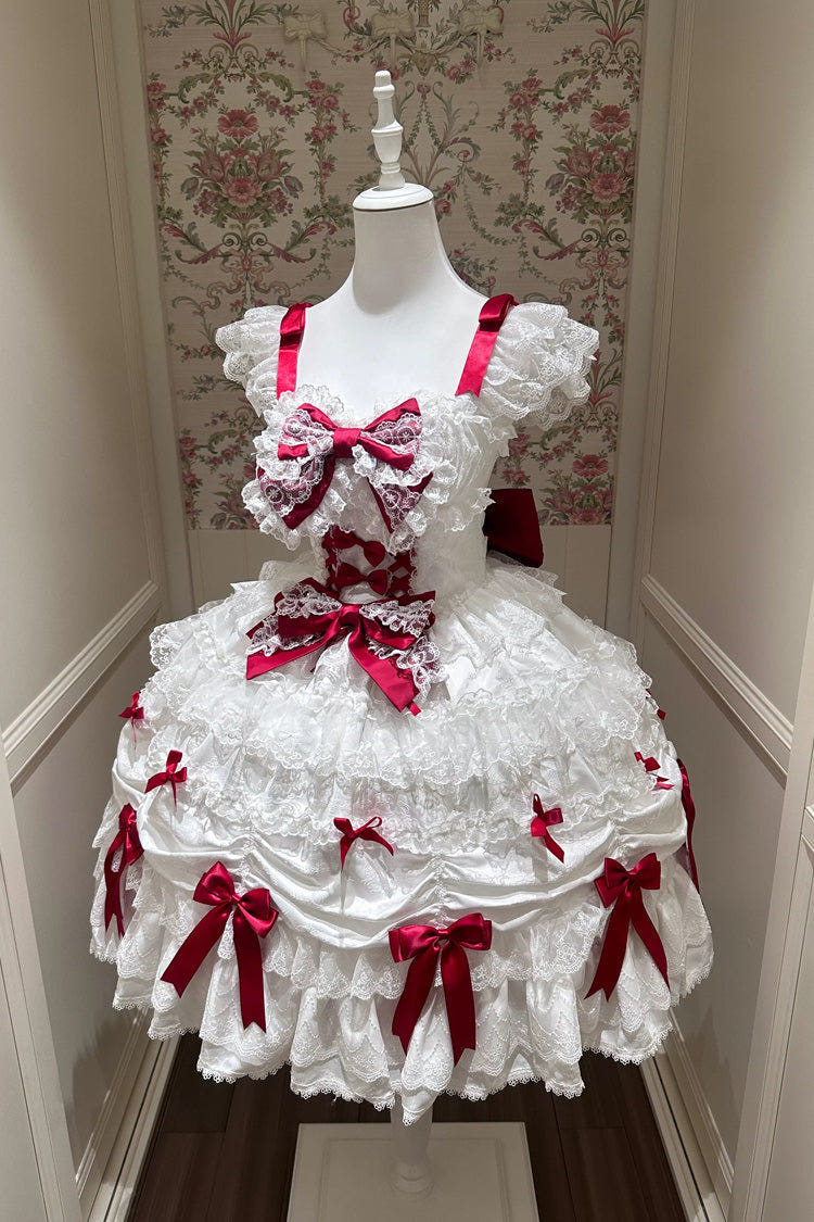 White/Red [Silk Satin Gift Box] Square Collar Sleeveless Multi-Layered Ruffled Bow Lace Sweet Lolita Jsk Dress - White/Red - 1