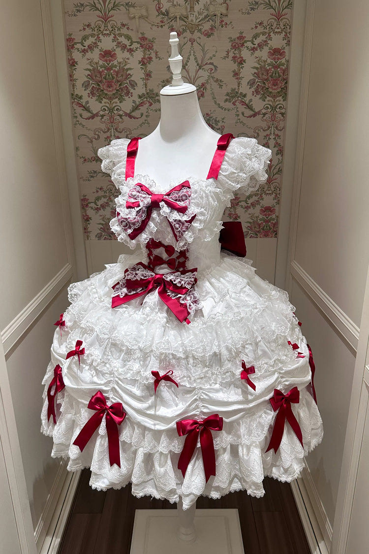 White/Red [Silk Satin Gift Box] Square Collar Sleeveless Multi-Layered Ruffled Bow Lace Sweet Lolita Jsk Dress - White/Red - 1