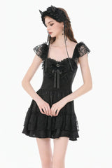 Black Flutter Sleeves Jacquard Bowknot Lace Ruffled Lace-Up Women's Gothic Cake Mini Dress - Product - 7