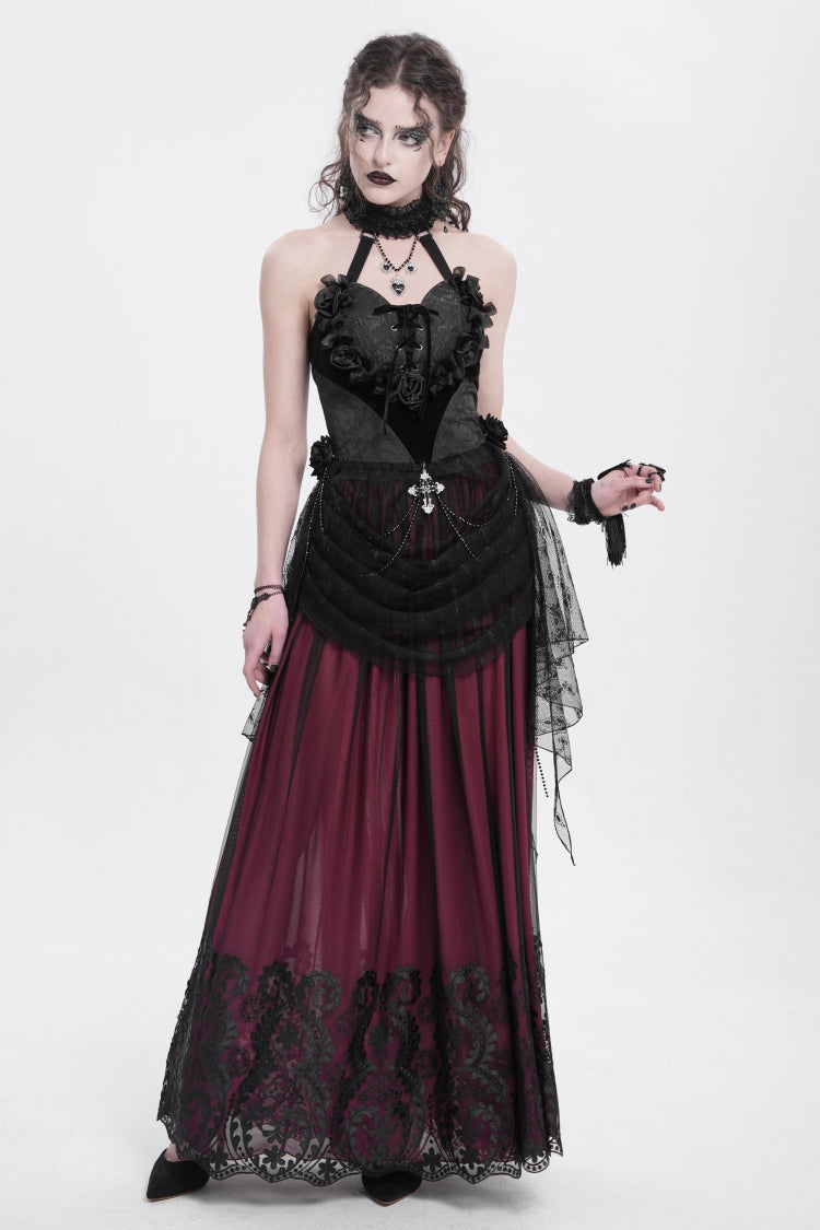 Black Halterneck Sleeveless Embroidery Stitching Rose Heart Lace Women's Gothic Blouse - Product - 11