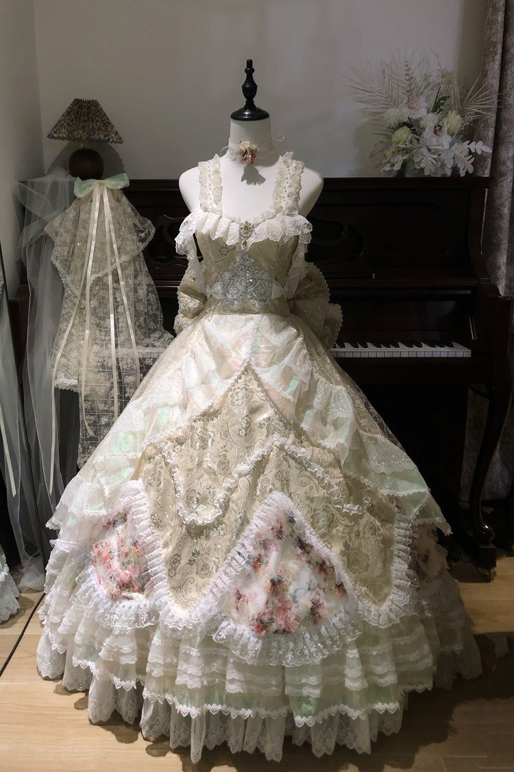 [The Glass Ball of Misty Isle] Multi-Layered Ruffled Hanayome Embroidered Sweet Plus Size Lolita Dress Set 5 Colors (White, Yellow, Purple, Green, Pink) - Product - 9