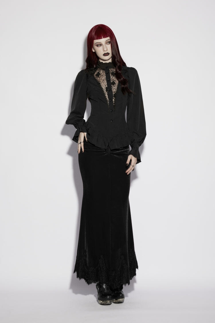 Black Stand Collar Long Lantern Sleeves Cut-Out Embroidered Spliced Lace-Up Slim Sheer Mesh Pleated Women's Gothic Palace Blouse - Product - 8