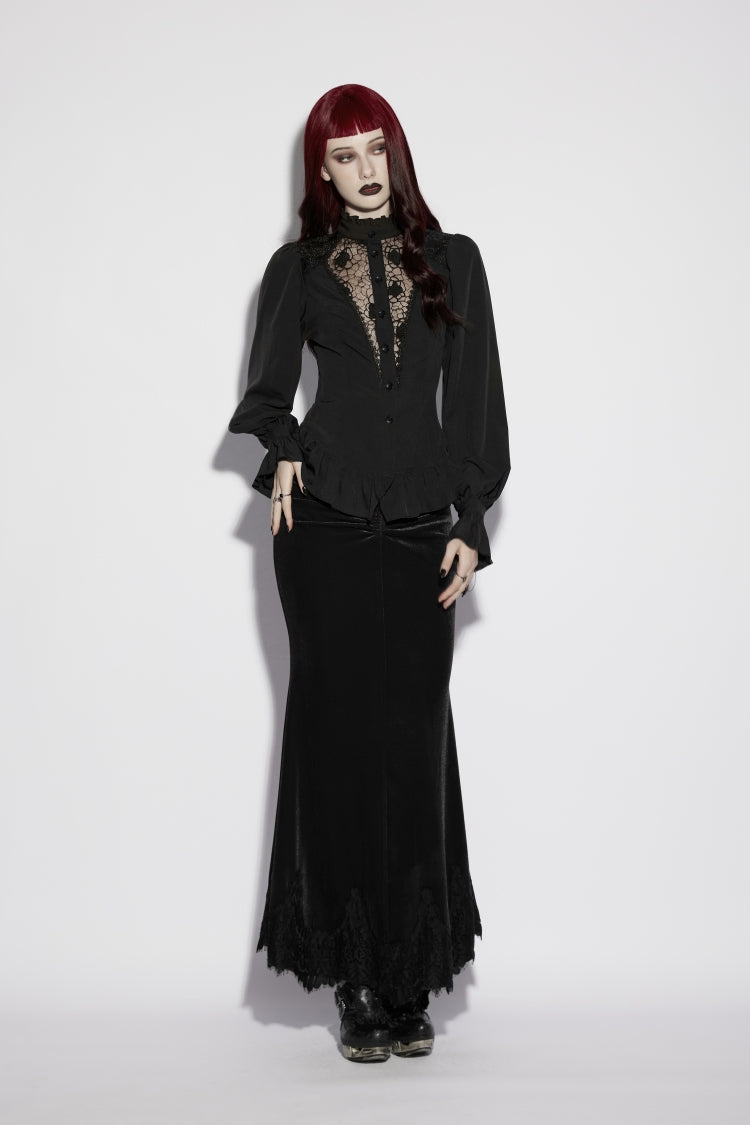 Black Stand Collar Long Lantern Sleeves Cut-Out Embroidered Spliced Lace-Up Slim Sheer Mesh Pleated Women's Gothic Palace Blouse - Product - 8
