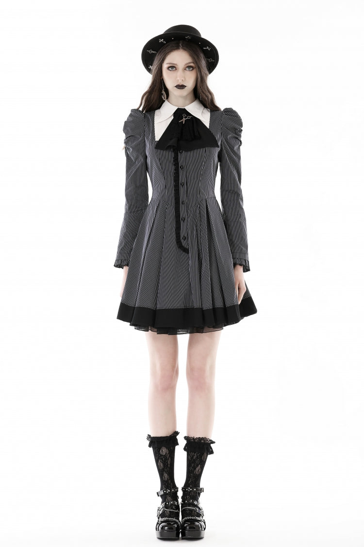 Black/White Lapel Collar Long Puff Sleeves Women's Gothic Striped Preppy Style Dress - Product - 5