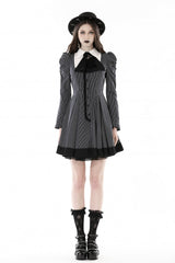 Black/White Lapel Collar Long Puff Sleeves Women's Gothic Striped Preppy Style Dress - Product - 5