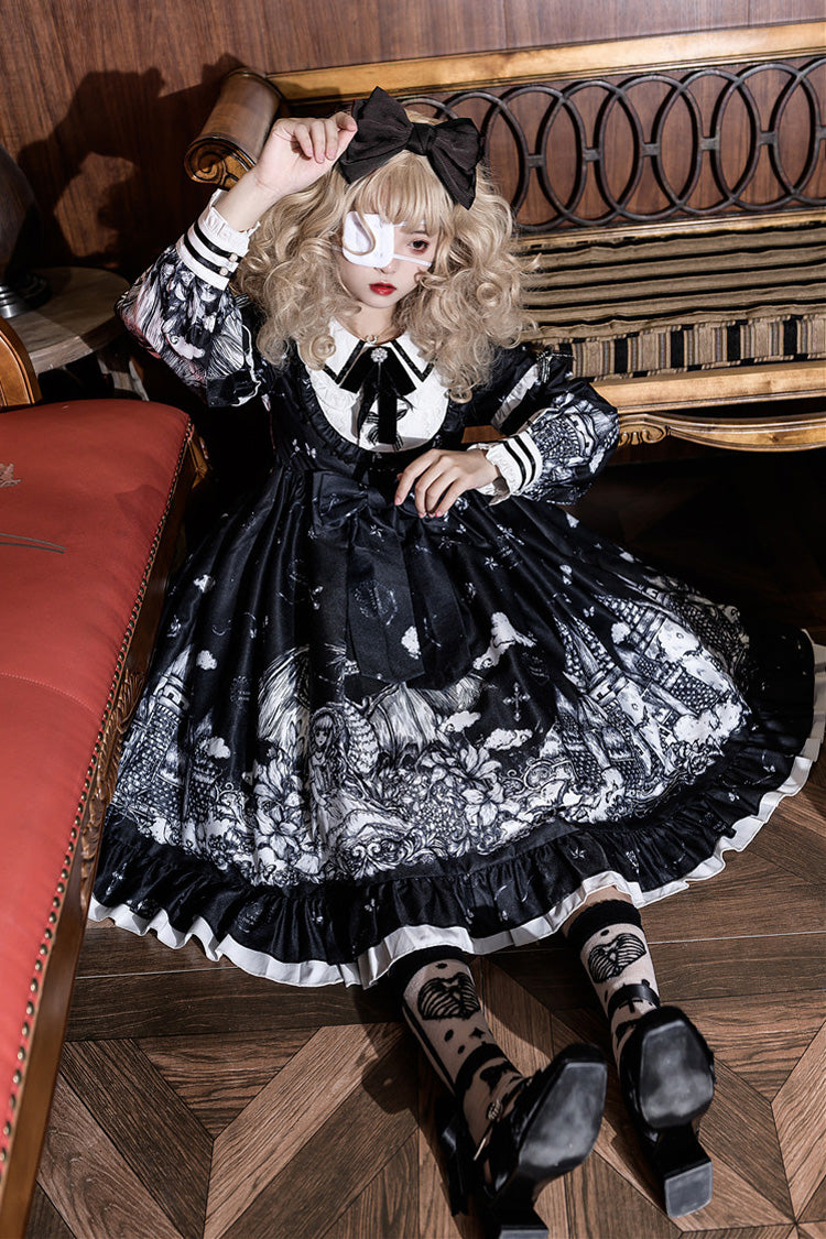 Black [Castle Night] Print Long Sleeves Ruffle Bowknot Gothic Lolita Dress - Product - 5