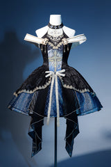 Black/Blue [Universe] Off Shoulder Halterneck Sleeveless Print Embroidery Cardigan Gothic Princess Lolita Dress - Product - 10