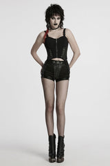 Black Stitching Faux Leather Mesh Studded Women's Punk Shorts - Product - 4