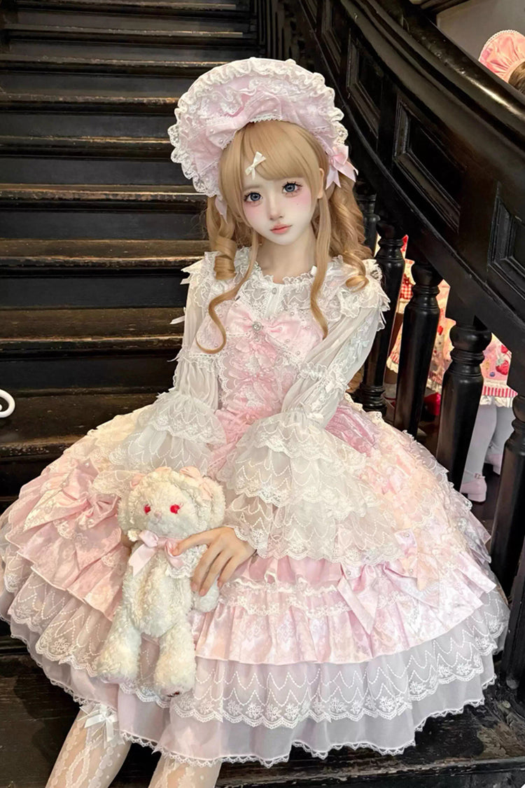 Pink [Dream-Sinking Pearl Veil] Doll-Style Sleeveless Multi-Layered Ruffled Bow Lace Daily Sweet Lolita Dress - Product - 5
