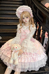 Pink [Dream-Sinking Pearl Veil] Doll-Style Sleeveless Multi-Layered Ruffled Bow Lace Daily Sweet Lolita Dress - Product - 5