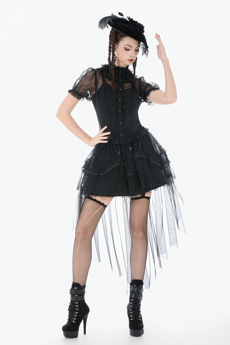 Black Multi-Layered Ruffled Lace Short Puff Sleeves Sheer Women's Courtly Gothic Blouse - Product - 8