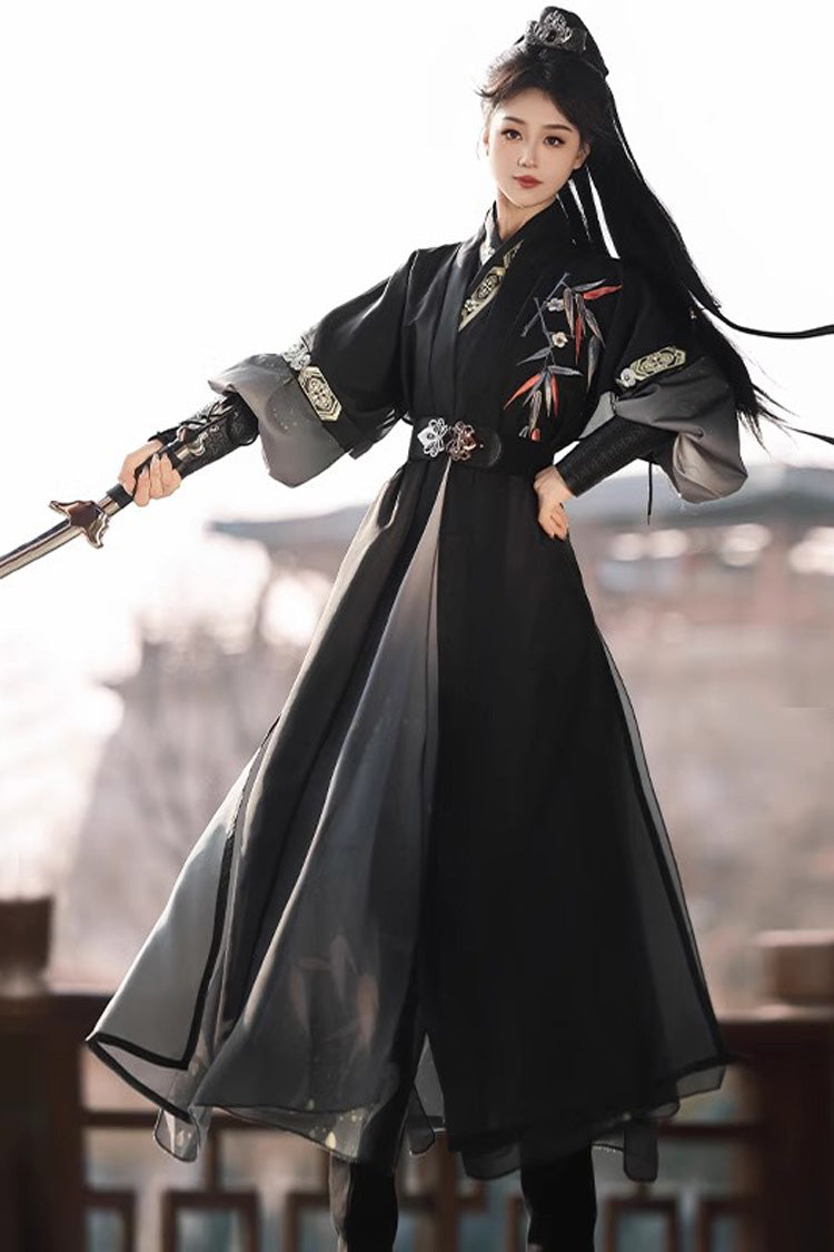 Black Knight-style Song Dynasty Cross-collared Gradient Embroidery Classic Vintage Hanfu Dress Set - Product - 4