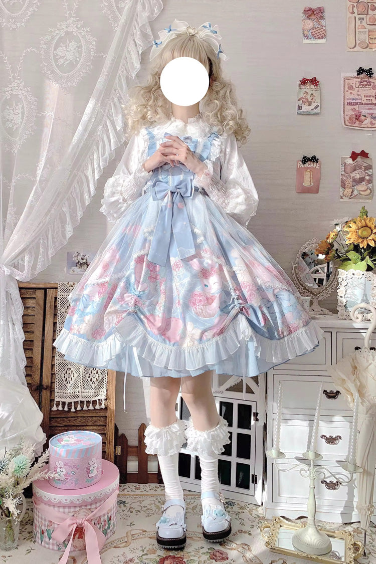 Blue Sleeveless High Waisted Rabbit Print Ruffle Bowknot Sweet Lolita Jsk Dress - Product - 8