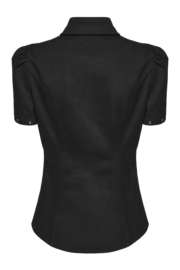 Black Twill Woven Short Sleeves Hollow Leather Stitching Womens Steampunk Blouse - Product - 7