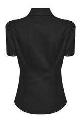 Black Twill Woven Short Sleeves Hollow Leather Stitching Womens Steampunk Blouse - Product - 7