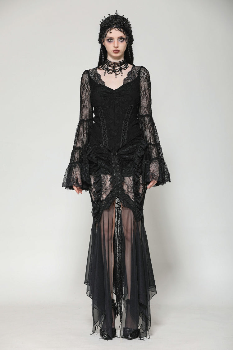 Black Women's Gothic V Collar Long Flared Sleeves Lace Patchwork Blouse - Product - 5