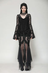 Black Women's Gothic V Collar Long Flared Sleeves Lace Patchwork Blouse - Product - 5