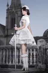 White Lapel Collar Short Sleeves Printed Ruffled Lace Classic Gothic Elegant Lolita Dress - Product - 4