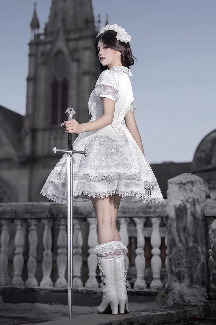 White Lapel Collar Short Sleeves Printed Ruffled Lace Classic Gothic Elegant Lolita Dress - Product - 4