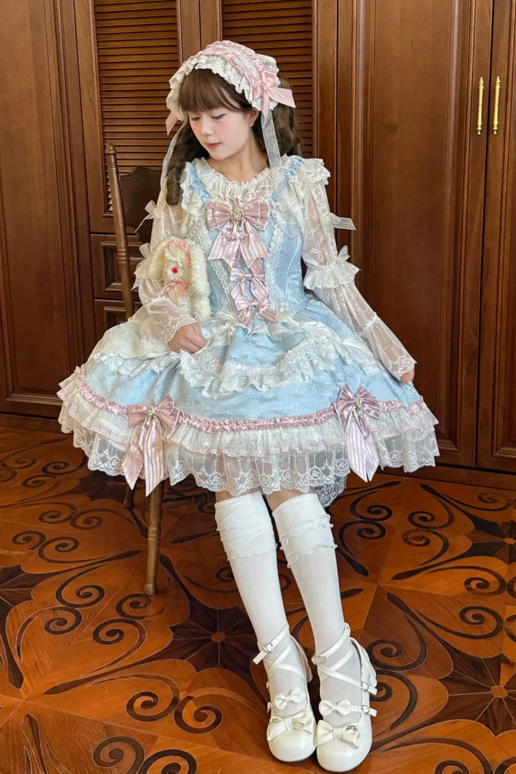 Blue/Pink [Prelude of Ribbons] Square Collar Sleeveless Jacquard Ruffled Open-Front Bow Lace Pearl Detail Floral Wall Plus Size Sweet Lolita Jsk Dress - Product - 7