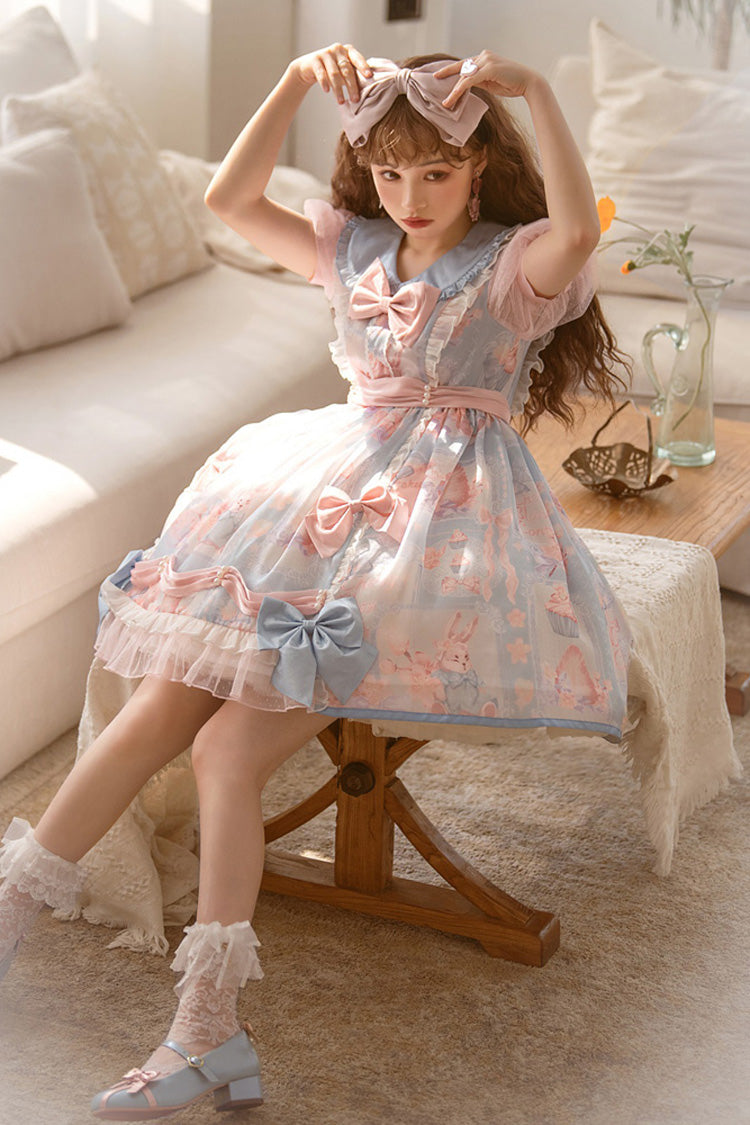Pink/Blue Doll Collar Short Sleeves Rabbit Candy Paper Print High Waisted Sweet Lolita OP Dress - Product - 3