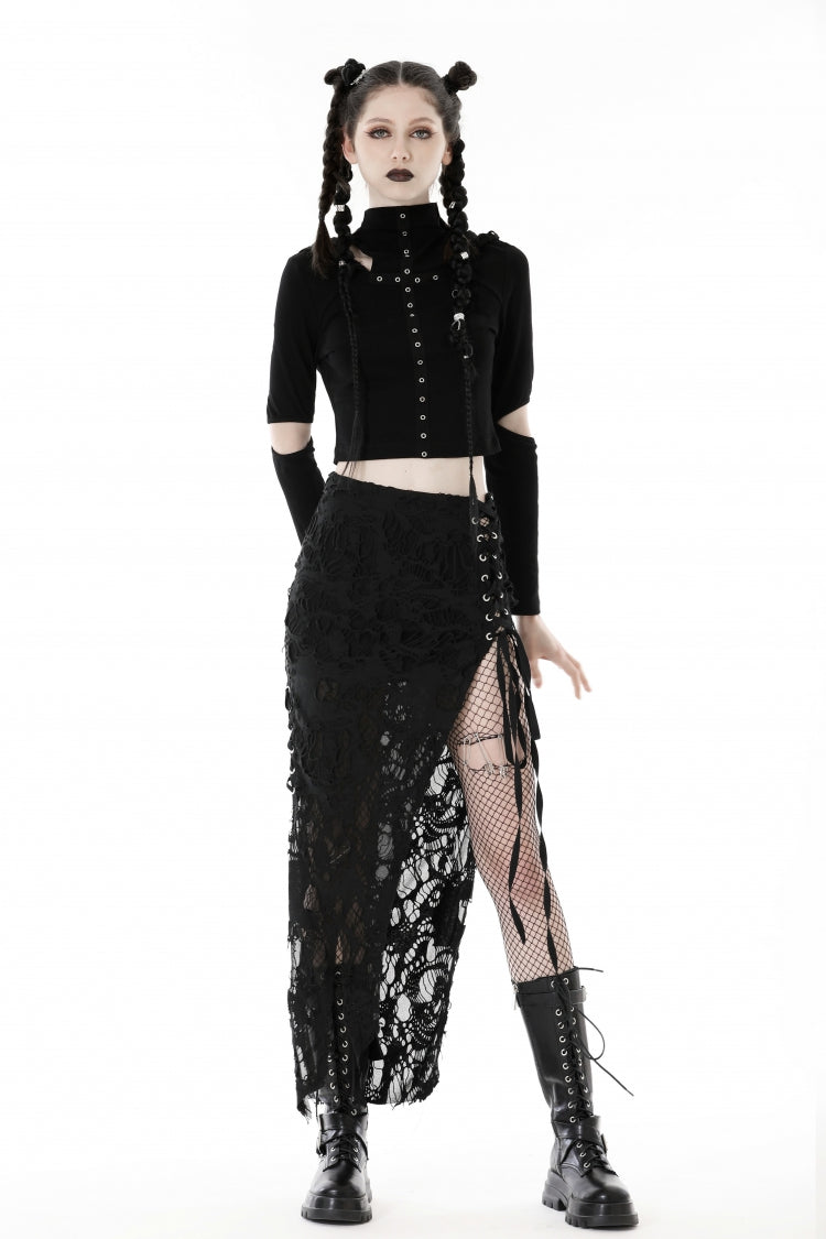 Black Lace-Up Ripped Women's Punk Split Long Skirt - Black - 1