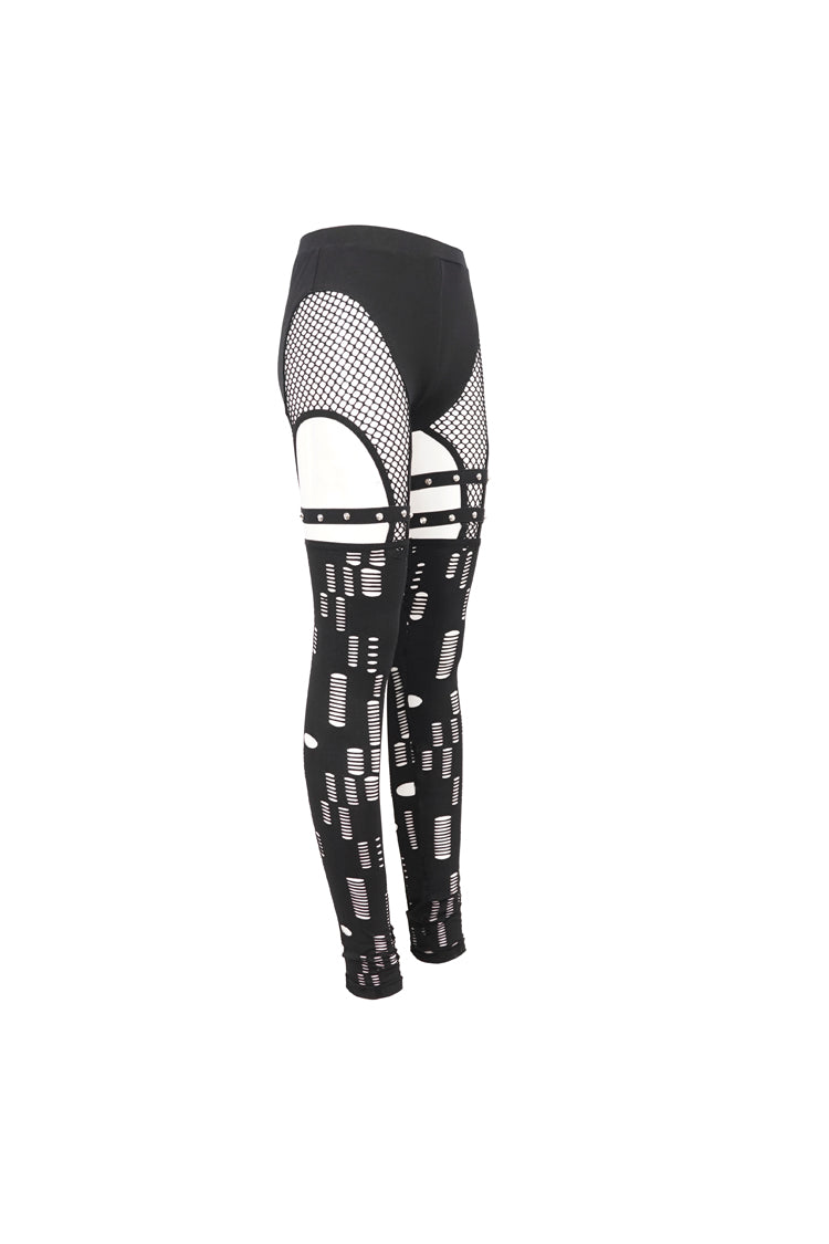 Black Elastic Asymmetrical Hole Knit Stitching Mesh Women's Punk Leggings - Product - 7