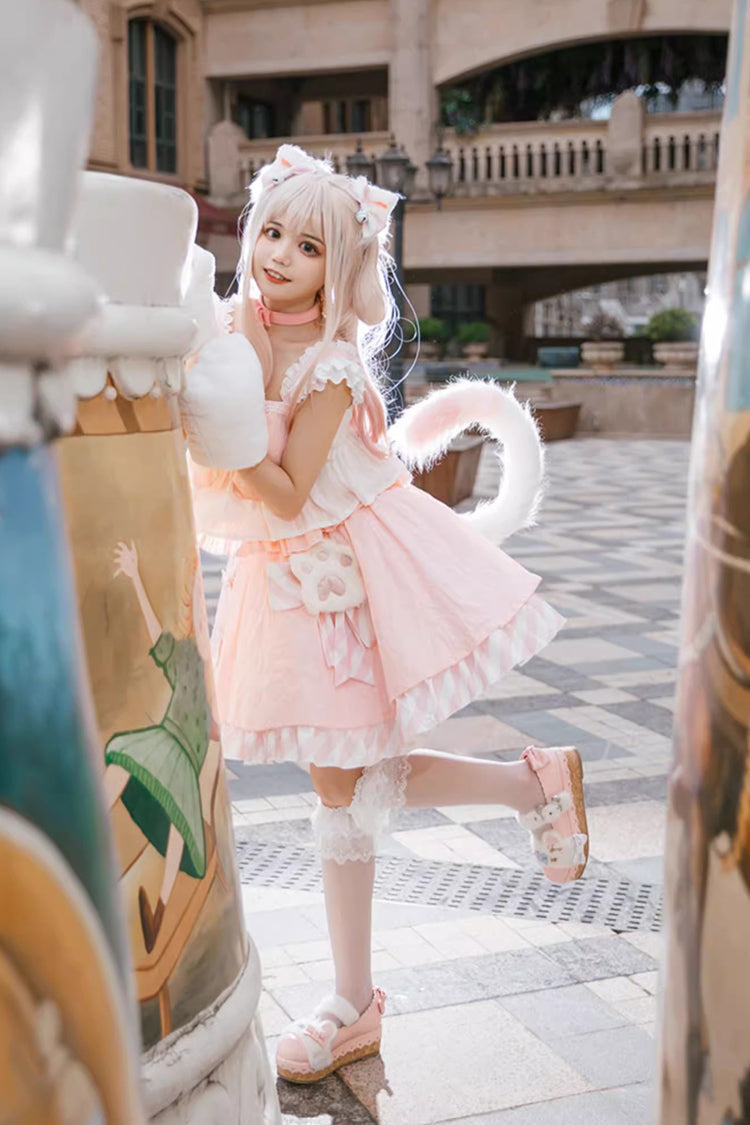 Pink [Miss Meow] Print Ruffle Bowknot Sweet Lolita Skirt Set - Product - 8