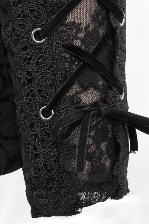 Black Gothic Flocking Patterned Laced Up Asymmetrical Side Womens Pants - Product - 5