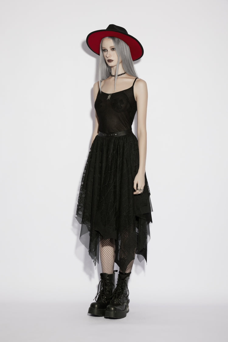 Black Multi-Layered Irregular Mesh Eyelet Women's Gothic Bat&Cobweb Skirt - Product - 5