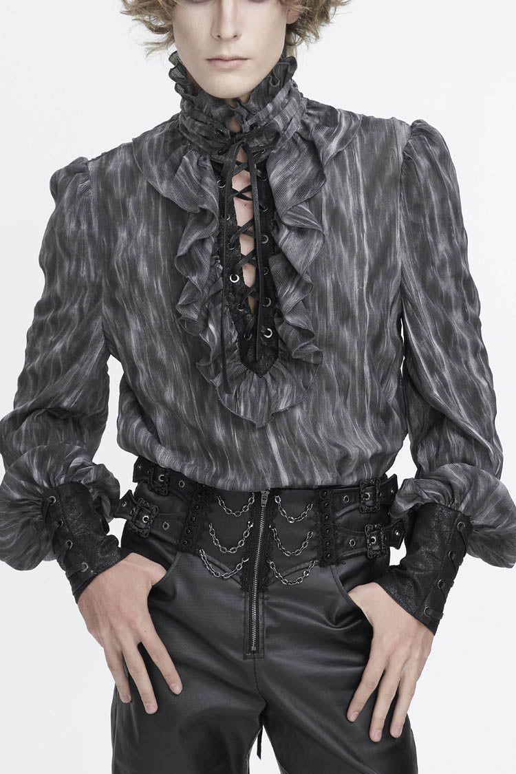 Black/Grey Ruffle Stand Collar Print Lace-Up Men's Gothic Blouse - Black/Grey - 1