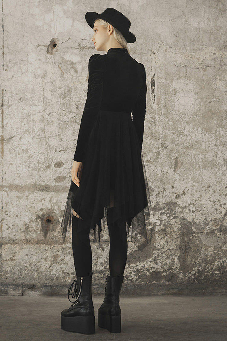 Black Velvet Mesh Stitching Elastic Women's Gothic Dress - Product - 4