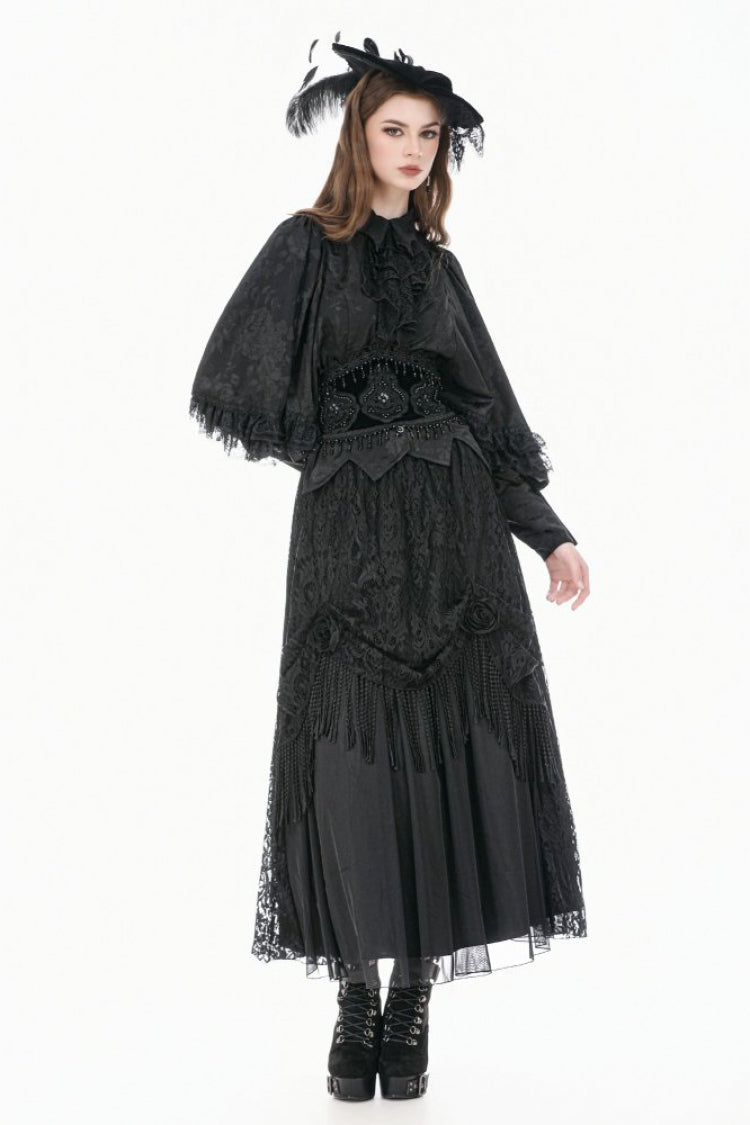 Black Point Collar Long Bishop Sleeves Rose Jacquard Irregular Hem Women's Gothic Blouse with Detachable Tie - Product - 10