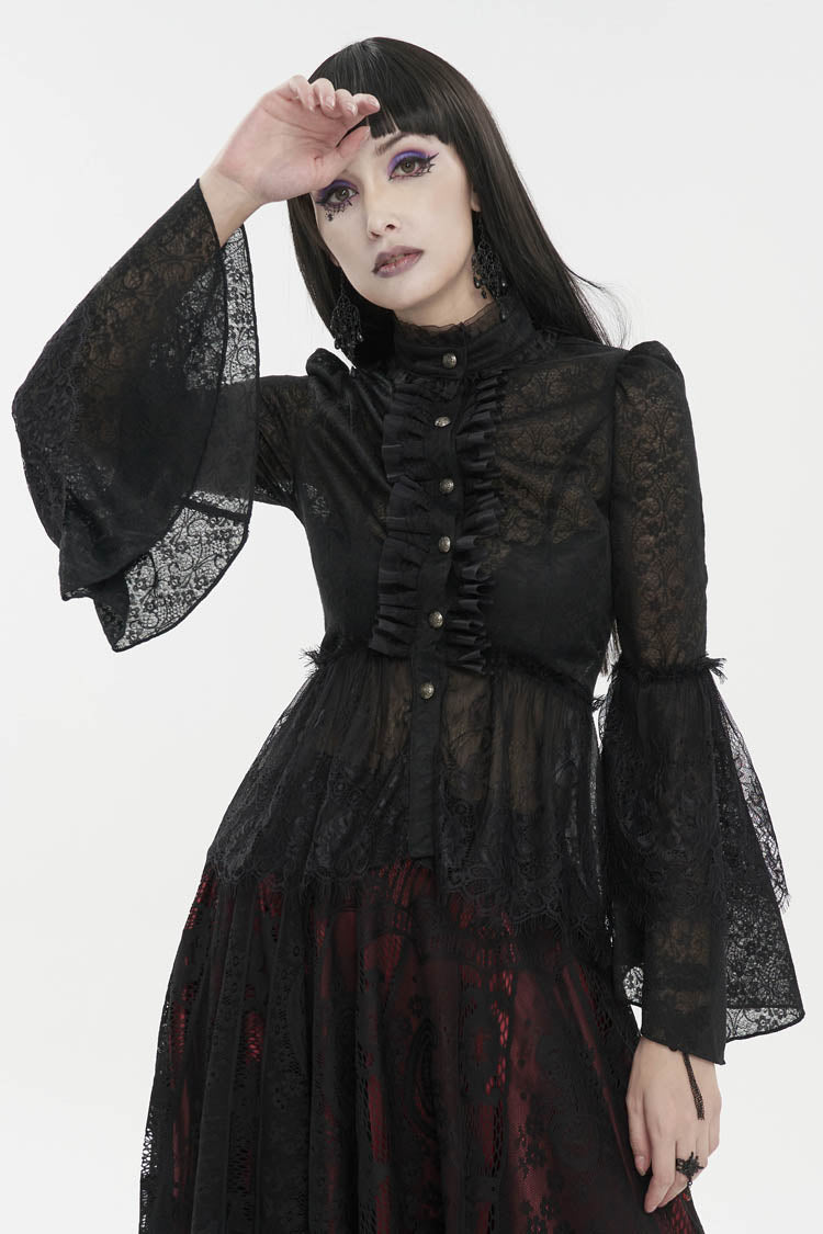 Black Lace Round Collar Flared Sleeved Women's Gothic Shirt - Product - 2