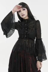 Black Lace Round Collar Flared Sleeved Women's Gothic Shirt - Product - 2