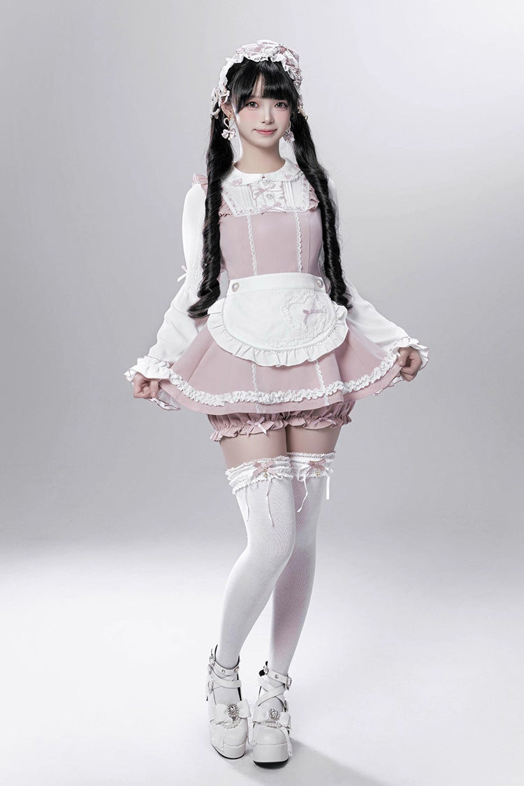 Pink/White [Showcase Doll] Japanese Maid-Style Long Sleeves Ruffle Bowknot Jirai Kei Japanese Dress Shorts Set with Detachable Apron - Product - 7