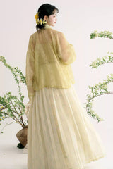 Light Green/Apricot [Grape Garden] Long Sleeves High Waisted Printed Embroidered Women's Sweet Hanfu Set - Product - 4