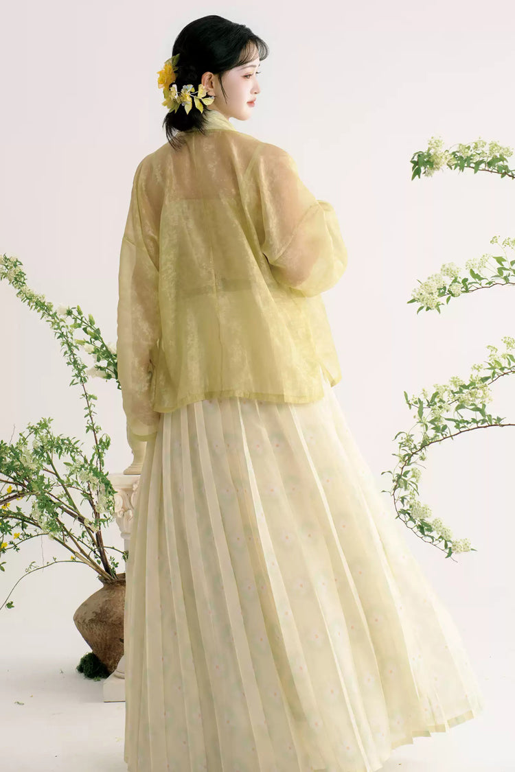 Light Green/Apricot [Grape Garden] Long Sleeves High Waisted Printed Embroidered Women's Sweet Hanfu Set - Product - 4
