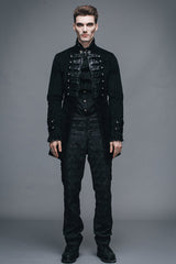 Black Fake Two Pieces Embroidered Turn Down Collar Long Sleeves Velvet Mens Gothic Coat - Product - 8