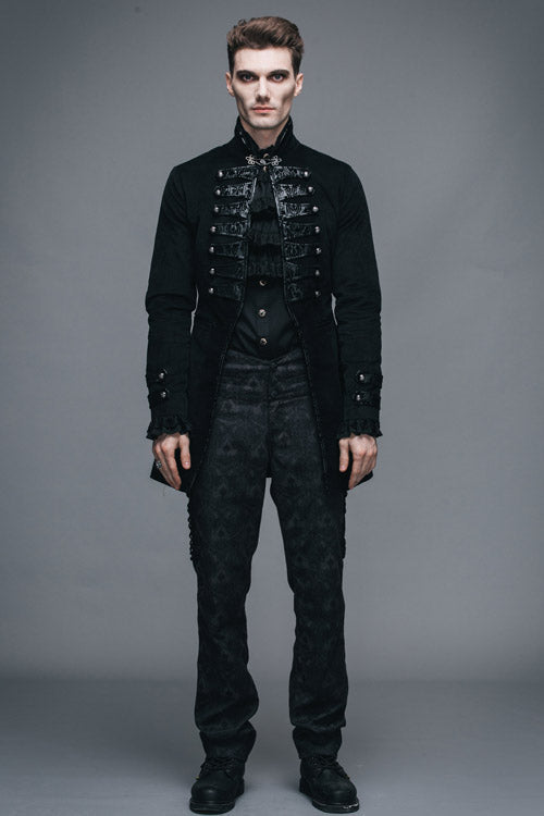 Black Fake Two Pieces Embroidered Turn Down Collar Long Sleeves Velvet Mens Gothic Coat - Product - 8