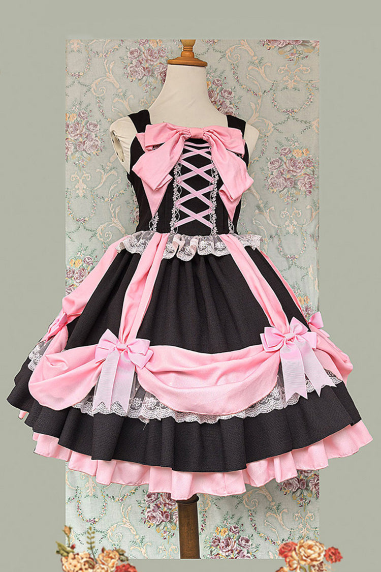 Black/Pink [Gift Box] Sleeveless Double-Layered Ruffled Bow Lace-Up Sweet Lolita Jsk Dress - Black/Pink - 1
